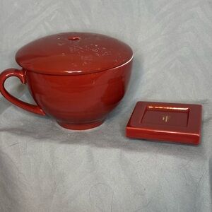 Ruby Red Ceramic Cafe Tea Cup with Lid & Matching Tea Tray